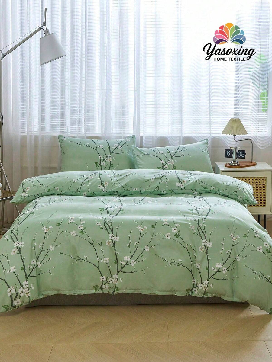3pcs/set Polyester Green Plum Blossom Branch Pattern Printed Duvet Cover Bedding Set
