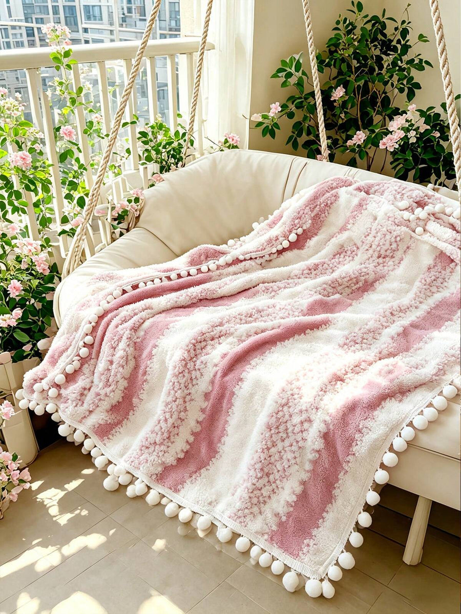 1pc Dual-Color Striped Pattern Throw Blanket, Warm, Soft And Comfortable, Decorated With Tassels, Suitable For Home Decor, Bed, Sofa, Office, Room, Dorm, Machine Washable, Suitable For Spring, Autumn And Summer