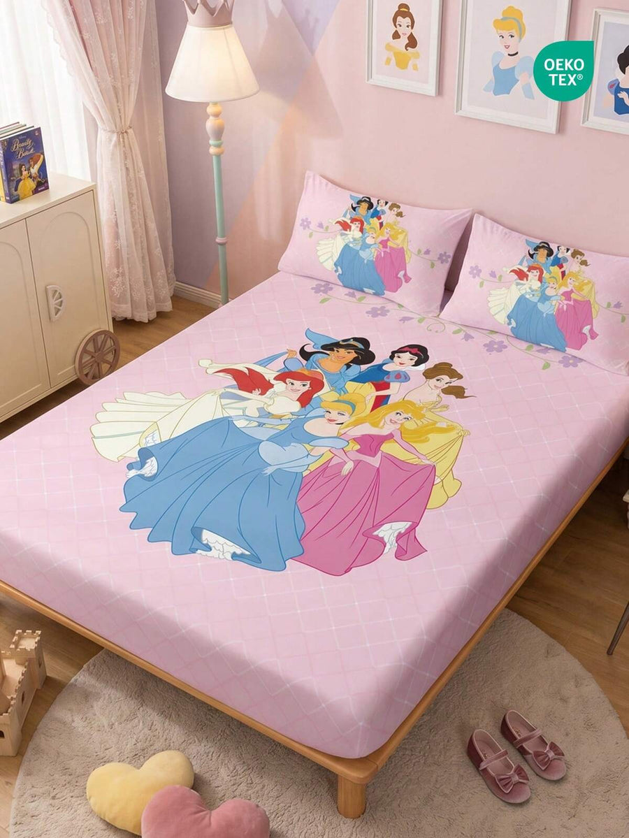 1pc Disney Princess Series Printed Fitted Bedsheet (Pillow Case Not Included), Skin-Friendly Mattress Cover, Cute Cartoon Bedding, Soft & Breathable Mattress Protector, Suitable For Twin/Full/Queen/King Size Bed, Machine Washable, Oeko-Tex