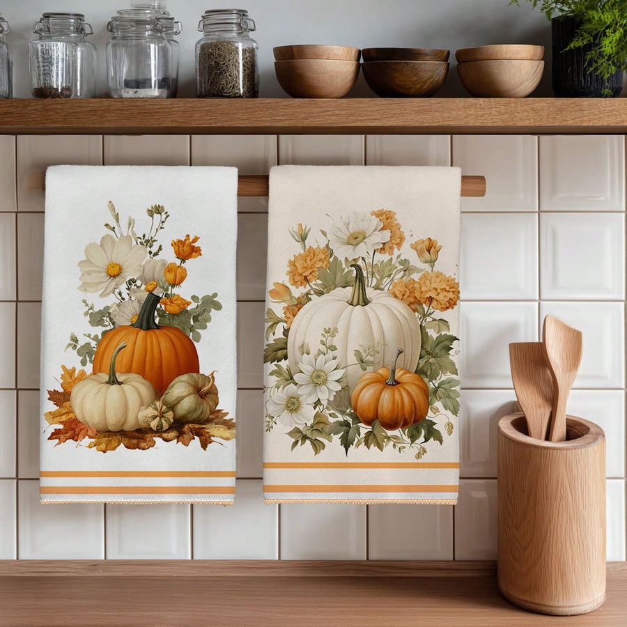 2PCS Kitchen Towels Autumn Leaf Pumpkin Wreath Print, Watercolor Style 40*60cm Rectangular Microfiber Kitchen Towels, Dish Cloths, Tablecloths, Hand Towels, Kitchen Decor, Housewarming Gift For Neighbors, Kitchen Napkins And Dish Cloths, Home Decor