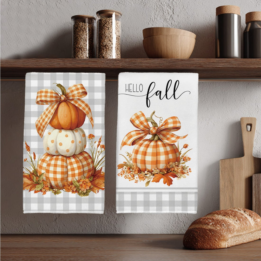 2pcs Autumn Minimalist Gray Plaid Pumpkin & Maple Leaf Pattern Kitchen Towels, Soft Polyester Dish Cloths, Suitable For Kitchen Decor, Kitchen Cleaning, Holiday Party Decoration, Kitchen & Bathroom Supplies, Home Essentials, Home Decor, Housewarming Gift
